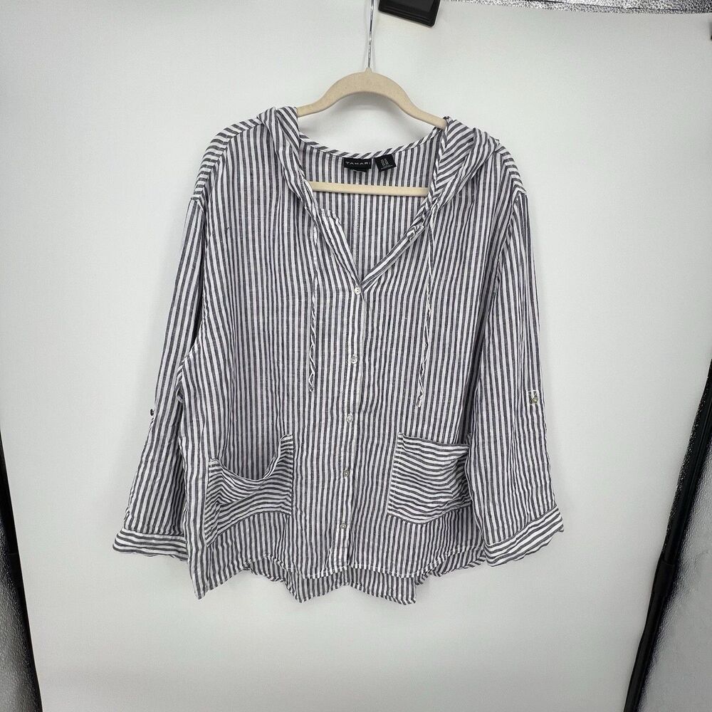 Tahari Striped Linen Hooded Button Front Shirt Jacket Size 1X Coastal Beachy